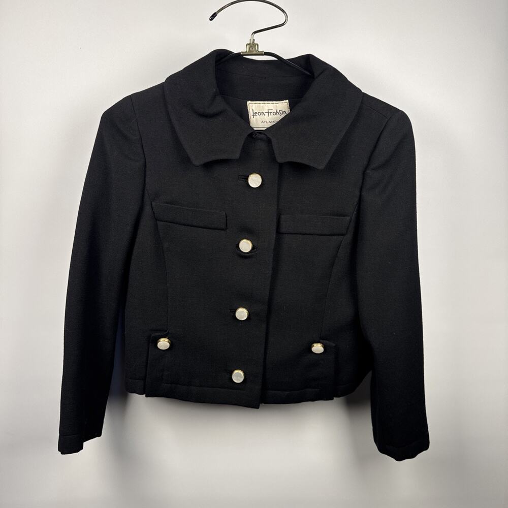 1960s Leon Frohsin Atlanta Black Wool Abalone Silk Couture Tailored Short Coat